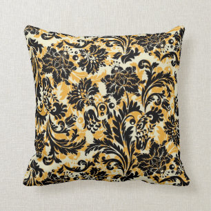 Black Orange & White Floral Damasks Throw Pillow