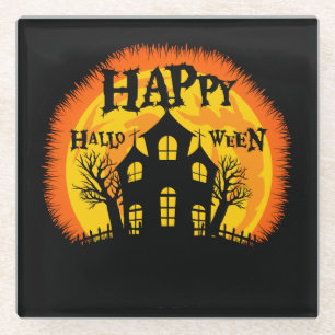 BLACK ORANGE YELLOW HAPPY HALLOWEEN HOUSE GLASS COASTER