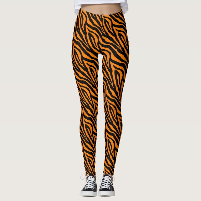 Black Orange Zebra Print Pattern Leggings (Front)