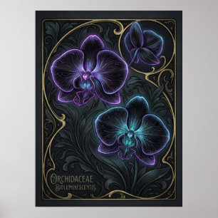 Black orchid blooms with bioluminescent purple poster