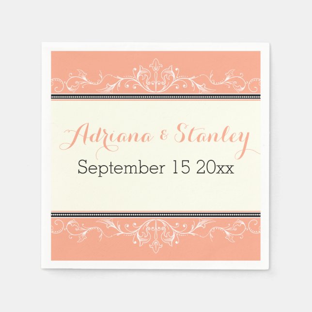 Black ornamental border coral wedding napkin (Front)