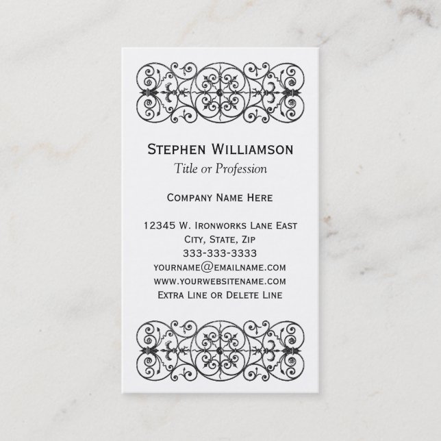 Black Ornamental Scroll Wrought Iron Professional Business Card (Front)