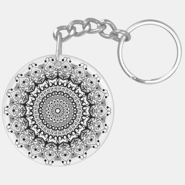 Black ornate mandal circle keychain (Back Left)