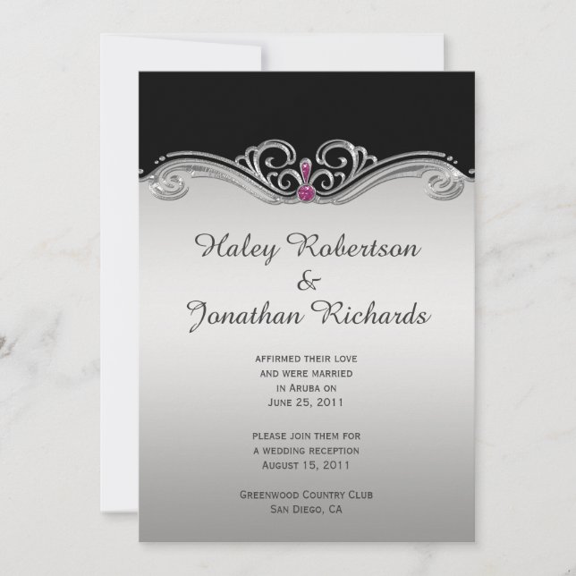 Black Ornate Silver Swirls Pink Gem Reception Only Invitation (Front)
