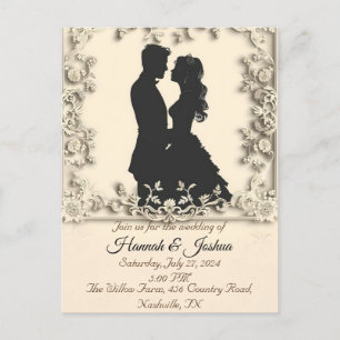 Black outline of a couple wedding invitation postcard