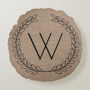 Black Outlined Laurels Burlap - Personalized Round Pillow