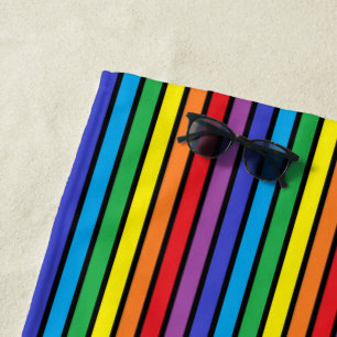 Black Outlined Rainbow Stripes Beach Towel