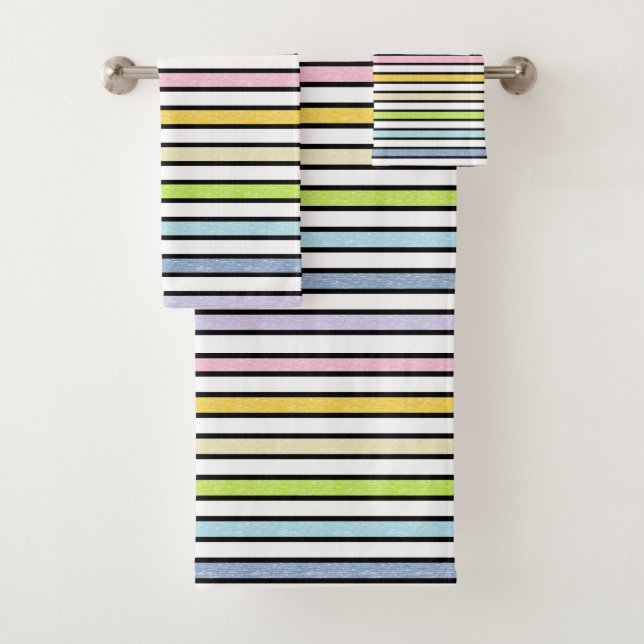 Black Outlined Static Pastel Rainbow Stripes Bath Towel Set (Insitu)