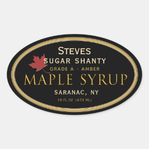 Black Oval Maple Syrup Label with Red Leaf