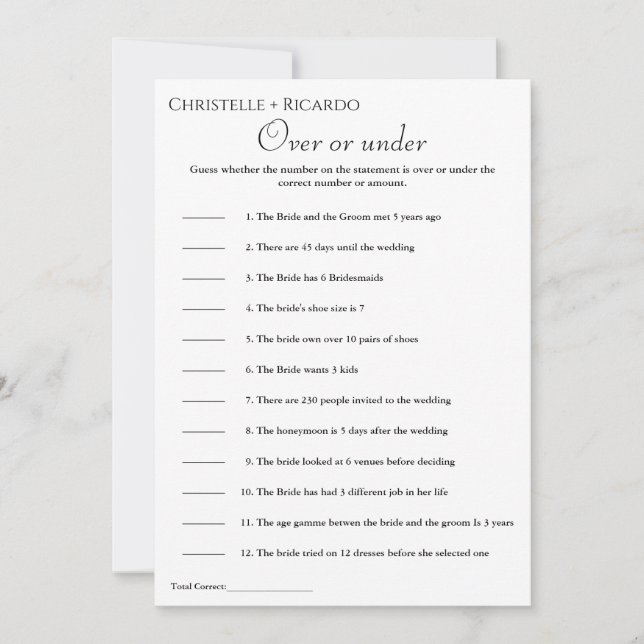 Black Over or under bridal shower game Announcement (Front)