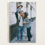 Black Overlay Half Wreath Year Name Photo Planner<br><div class="desc">Elegant personalized planner printed with your photo on the cover. Write the year above a hand-drawn half wreath of leaves and berries. Add your name in a black font beneath. The back features chic stripes in white and black.</div>