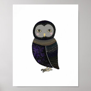 Black Owl Blue Feather Poster by MiKa Art
