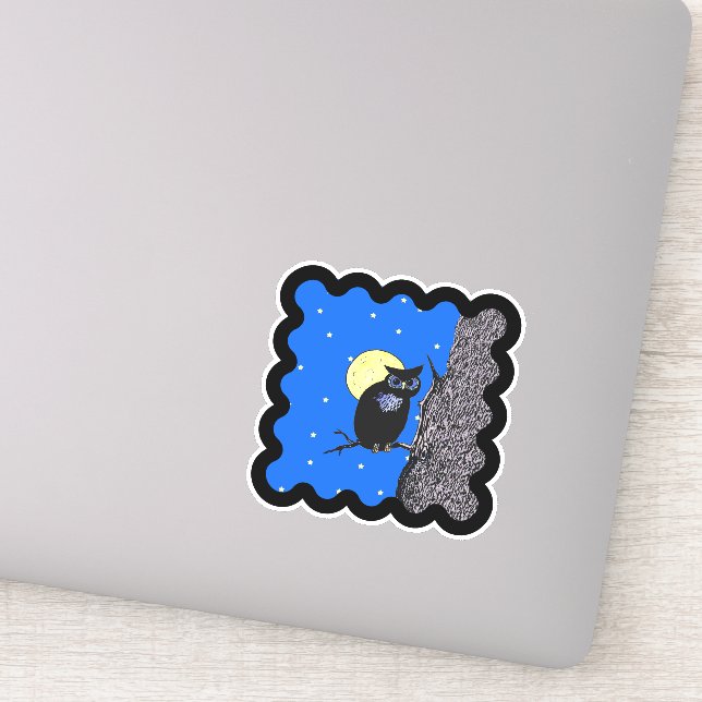 Black Owl Moon Stars Sitting in Tree Wavy Border (Detail)