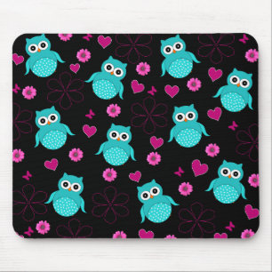 Black Owl pattern pink hearts flowers Mouse Pad