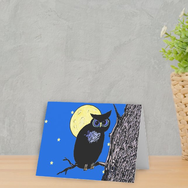 Black Owl Sitting on Branch in Tree Moon Stars Card (Black night owl in moonlight stars in black tree on notecard.)