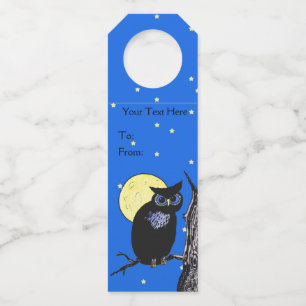Black Owl Tree Branch Yellow Moon Stars Blue Sky Bottle Tag