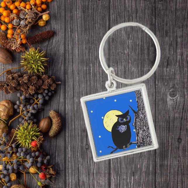 Black Owl Tree Moon Stars Keychain (Black night owl in tree moon stars on keychain.)