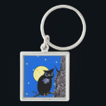 Black Owl Tree Moon Stars Keychain<br><div class="desc">This image is from my computer graphics artwork. It is a black owl with large eyes sitting on a branch of a tree. A yellow moon is behind him. The background is a blue night sky with yellow stars. See my store Art by MAR for matching products with this design....</div>