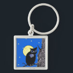 Black Owl Tree Moon Stars Keychain<br><div class="desc">This image is from my computer graphics artwork. It is a black owl with large eyes sitting on a branch of a tree. A yellow moon is behind him. The background is a blue night sky with yellow stars. See my store Art by MAR for matching products with this design....</div>