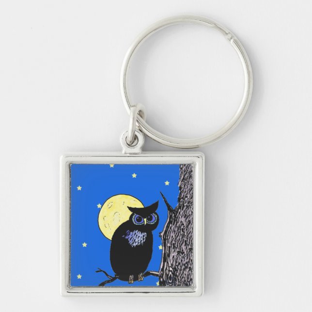 Black Owl Tree Moon Stars Keychain (Front)