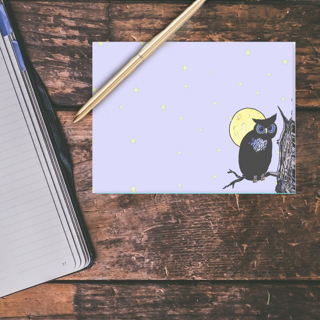 Black Owl Tree Moon Stars Post-it Notes (Black owl in tree full yellow moon with stars on light blue post it notes.)