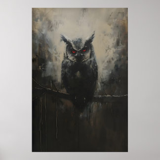 Black Owl with Red Eyes on Branch in Woodland Fore Poster