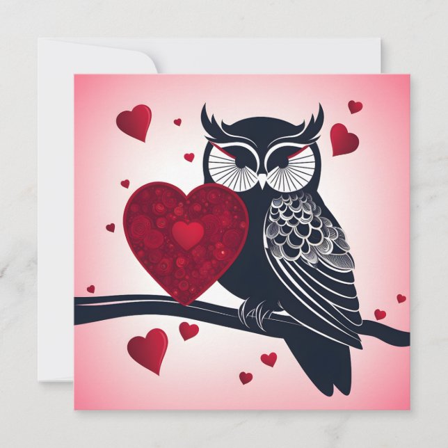 Black Owl with Red Hearts Valentine Holiday Card (Front)