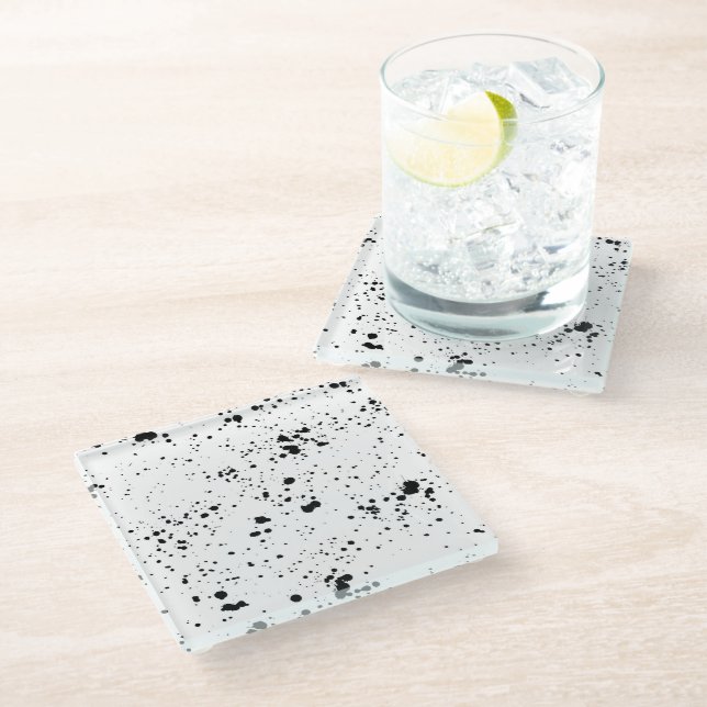 Black Paint Splatter Pattern Glass Coaster (Angled)