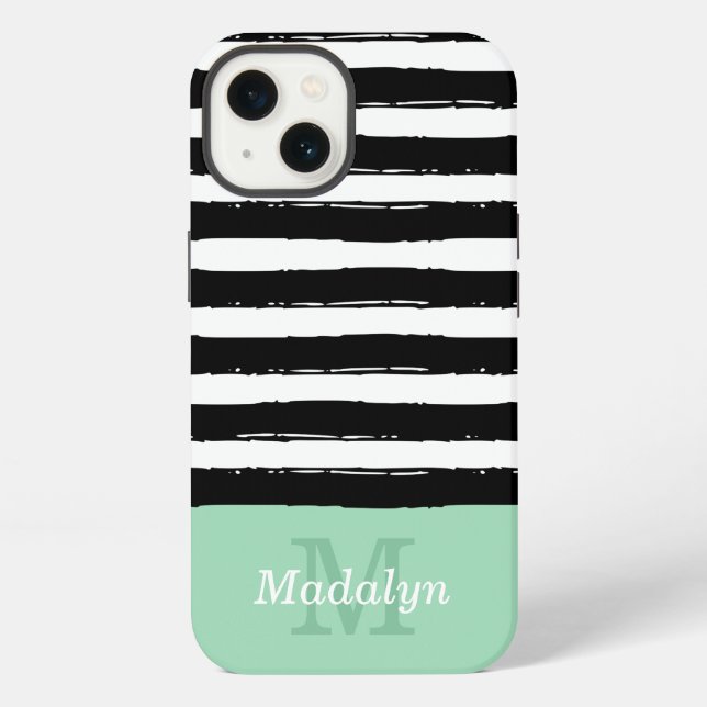 Black Paint Stripes Pattern with Mint Monogram Cas iPhone Case (Back)