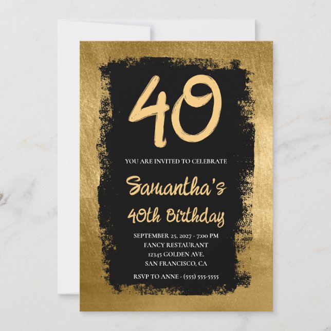 Black Painted Gold 40th Birthday Invitation (Front)