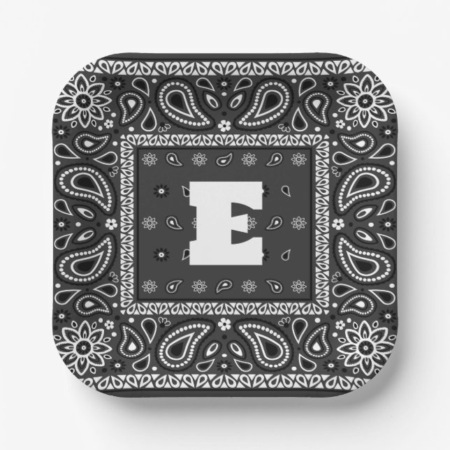 Black Paisley Bandana Birthday Hip Hop Rap Scarf Paper Plate (Front)