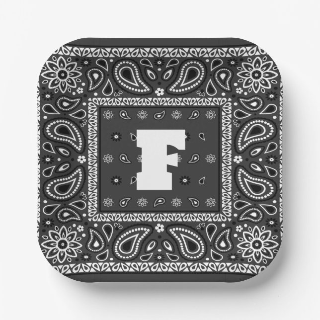 Black Paisley Bandana Birthday Hip Hop Rap Scarf Paper Plate (Front)