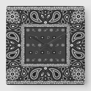 Black Paisley Bandana Birthday Hip Hop Rap Scarf Square Wall Clock