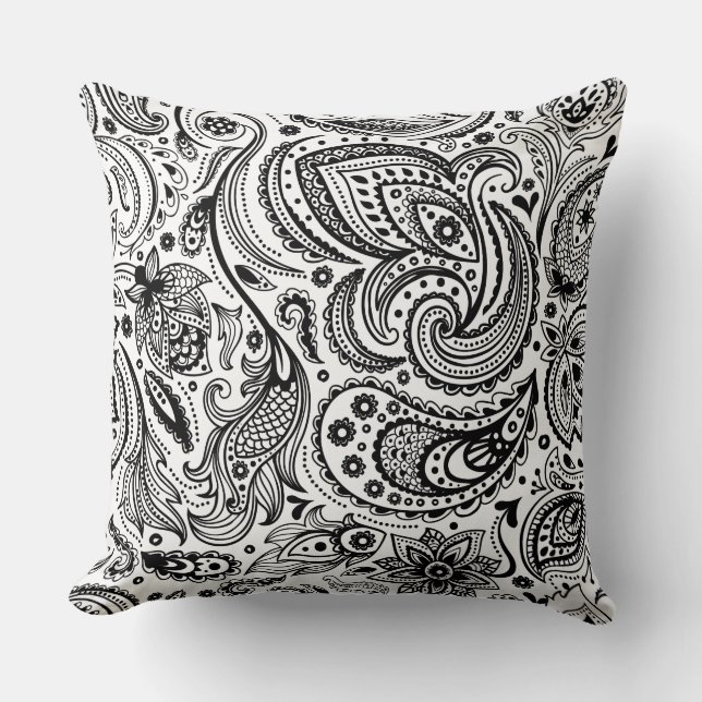 Black Paisley Custom White Background Throw Pillow (Front)
