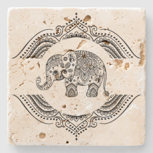 Black Paisley Elephant & Floral Lace Stone Coaster