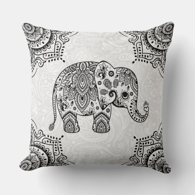 Black Paisley Elephant Illustration Throw Pillow (Front)