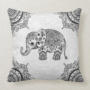 Black Paisley Elephant Illustration Throw Pillow