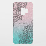 Black Paisley Lace Over Sparkling Glitter Uncommon Samsung Galaxy S9 Case<br><div class="desc">Modern elegant sparkling faux glitter in blue-green and salmon pink background.
Black ornate tribal paisley mandala lace. Optional monogram.</div>