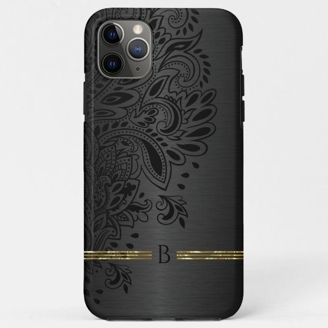 Black paisley mandala grey metallic background Case-Mate iPhone case (Back)