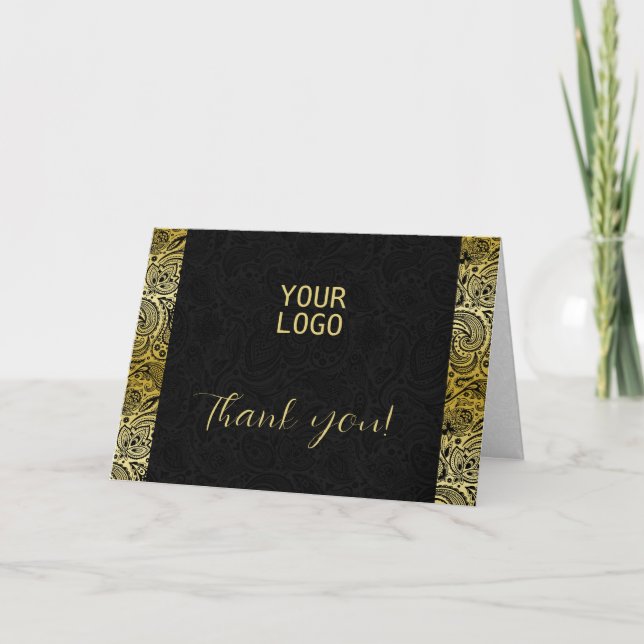 Black paisley pattern gold accent Thank you card (Front)