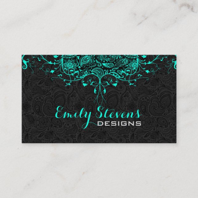 Black Paisley & Teal-Green Floral Lace 2 Business Card (Front)