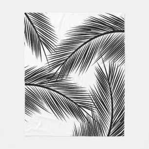 Black palm leaves on white background fleece blanket