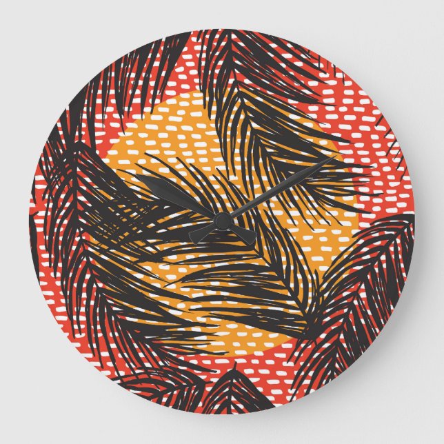 Black palm leaves, seamless strokes large clock (Front)