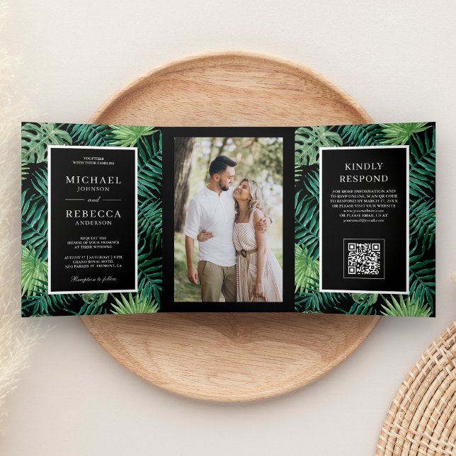 Black Palm Leaves Tropical QR Code Wedding Tri-Fold Invitation (Creator Uploaded)