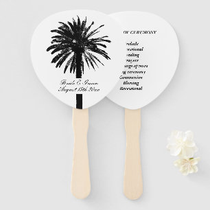 Black palm tree beach wedding ceremony program hand fan