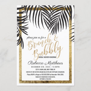 Black Palm Tree Fronds Gold Border Brunch Bubbly Invitation