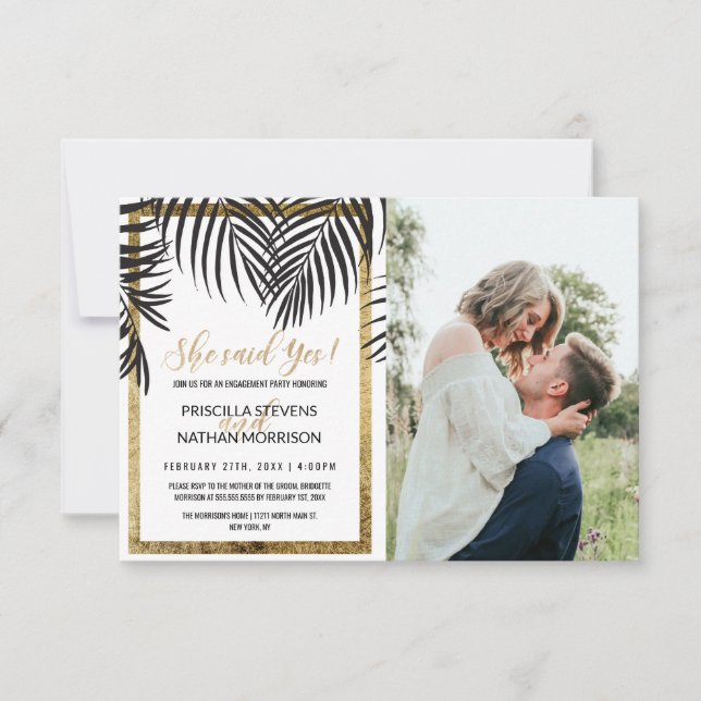 Black Palm Tree Fronds Gold Border Engagement Announcement (Front)