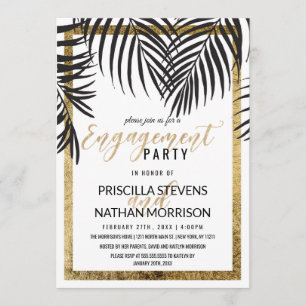 Black Palm Tree Fronds Gold Border Engagement Invitation