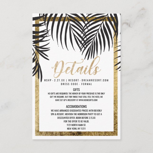 Black Palm Tree Fronds Gold Border Modern Details Enclosure Card (Front)