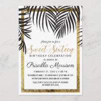Black Palm Tree Fronds Gold Border Modern Sweet 16